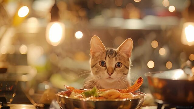 Kitchen capers with a junior chef cat intently watching over a seafood dish, surrounded by warm bokeh lights
