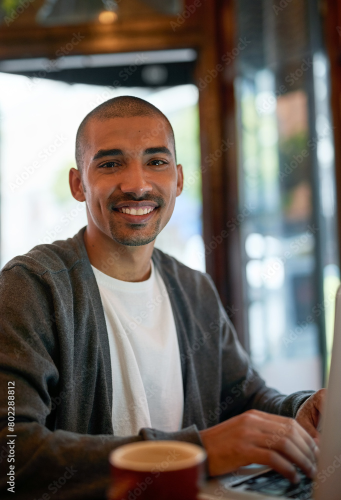 Poster man, cafe and working portrait with laptop, networking and online search for remote work with web de