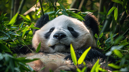 A panda lounging in a bed of bamboo