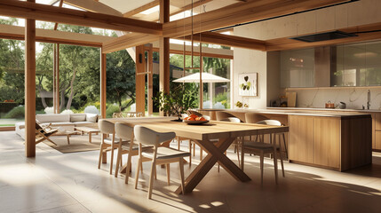 Fototapeta premium Handcrafted wooden table adding a homely touch to the kitchen