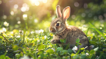 Fototapeta premium A rabbit nibbling on fresh clover in a sun-dappled meadow