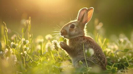 Fototapeta premium A rabbit nibbling on fresh clover in a sun-dappled meadow
