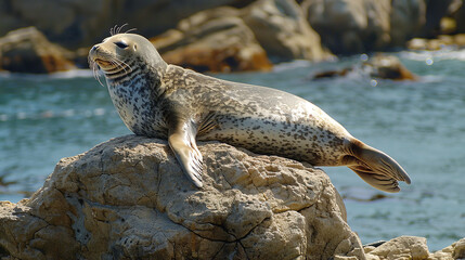 A seal basking lazily on a sun-warmed rock, its sleek, silver-gray coat glistening in the coastal breeze