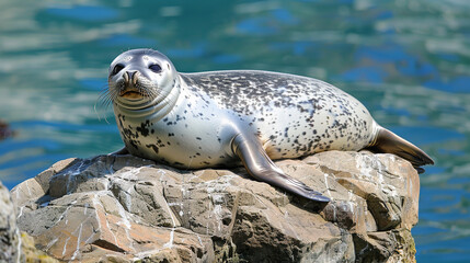 A seal basking lazily on a sun-warmed rock, its sleek, silver-gray coat glistening in the coastal breeze