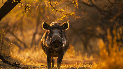 A warthog kneeling to forage for roots in the sun-dappled savannah, its distinctive tusks and rugged appearance highlighted against the backdrop of acacia trees