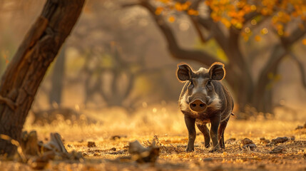 Fototapeta premium A warthog kneeling to forage for roots in the sun-dappled savannah, its distinctive tusks and rugged appearance highlighted against the backdrop of acacia trees
