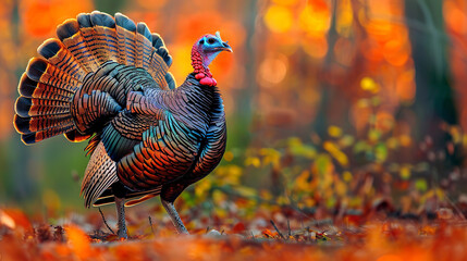 A wild turkey displaying its iridescent feathers in a courtship ritual, captured mid-strut amidst the vibrant hues of a forest clearing