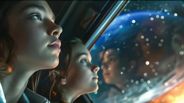 Young voyagers mesmerized by the vast, dark cosmos as they gaze out of a starship window, framed by interstellar aesthetics and cinematic lighting