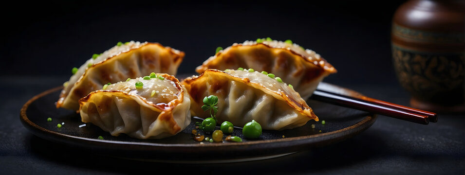 a striking image of a gyoza dumpling, isolated against a black backdrop, emphasizing its exquisite taste and presentation.