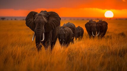 Professional photo with best angle: An elephant matriarch leading her herd through the golden grasslands of the African savannah
