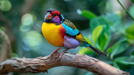 Obraz premium Professional photo with best angle showcasing the breathtaking beauty of a Gouldian finch as it perches delicately on a branch