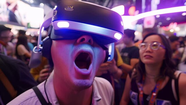 Person wearing a VR headset expressing amazement at a virtual reality demo, with onlookers watching in a crowded tech expo