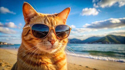 Cat by the beach with sunglass, summer vibe