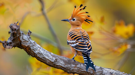 Professional photo with best angle showcasing the exotic beauty of a hoopoe as it perches on a branch