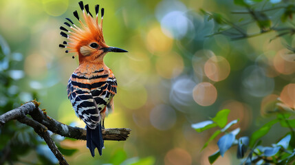 Professional photo with best angle showcasing the exotic beauty of a hoopoe as it perches on a branch