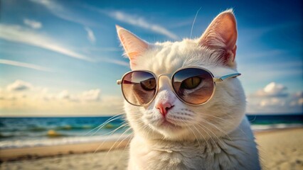 Cat by the beach with sunglass, summer vibe