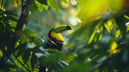 Fototapeta premium Professional photo with best angle showcasing the tropical splendor of a keel-billed toucan as it perches amidst lush rainforest foliage