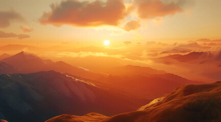 Fototapeta premium The sun is slowly descending below the silhouette of a rugged mountain range, casting warm shades of orange and pink across the sky. The mountains are jagged and majestic.