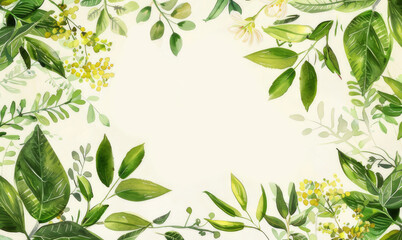 frame of green leaves with flowers, in vintage style, with copy space. Holiday invitation concept.