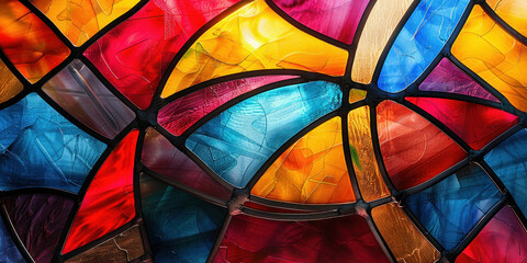 Colorful stained glass window featuring a sun and cross design in the center