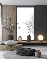 Zen inspired minimalist interiors with contrasting elements