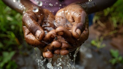 Social Issues: Water Pouring in African Child's Hands