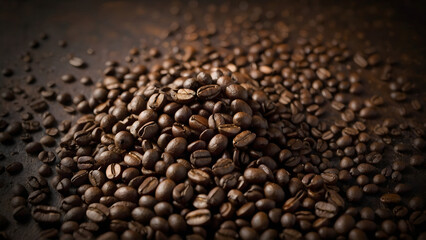 collection of coffee beans on a dark background, with a sharp close up of the coffee beans