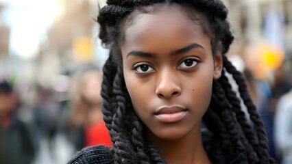 Teenager with coiled black hair and dark eyes participates in rally against racial discrimination. Concept Social Issues, Activism, Diversity, Youth Empowerment, Empathy - obrazy, fototapety, plakaty