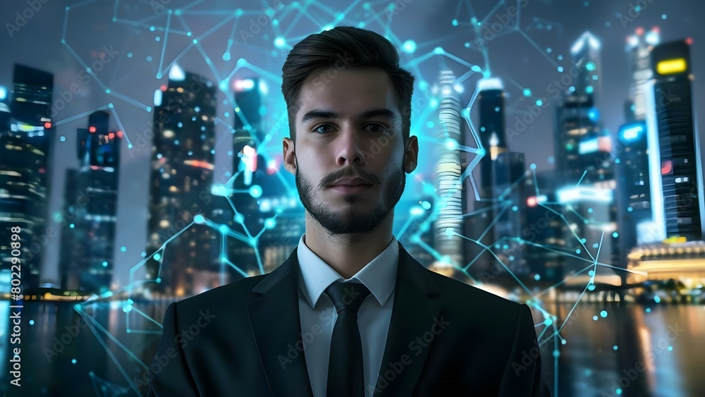 Poster advancing blockchain technology: businessman in front of futuristic cityscape. concept blockchain te