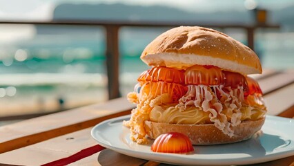 Whimsical peanut butter and jellyfish sandwich, with a real jellyfish, served on a beachside picnic table
