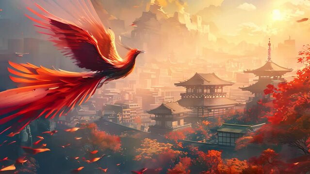 Scarlet phoenix in flight against a dusky Japanese cityscape symbolizing rebirth for a cultural event poster