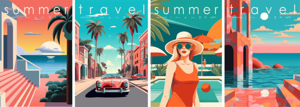 Colorful series of summer travel posters featuring beautiful coastal scenes, vintage cars, and a stylish woman in sunglasses