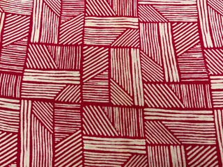 Beige geometrical lines in cubic Block printed on maroon cotton fabric