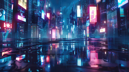 A cyberpunk cityscape at night, with towering skyscrapers and neon lights reflecting on the wet pavement. Generative Ai Image.