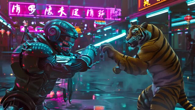 A man and a tiger are fighting in a neon city. The man is wearing a suit and the tiger is holding a sword