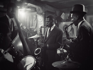 A vintage black and white photo of a jazz band performing in an old jazz club featuring a prominent...