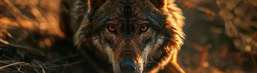 Capture the fierce essence of a wolf in a dramatic, tilted angle view Render its piercing gaze and textured fur in photorealistic detail, creating a sense of raw power and wilderness