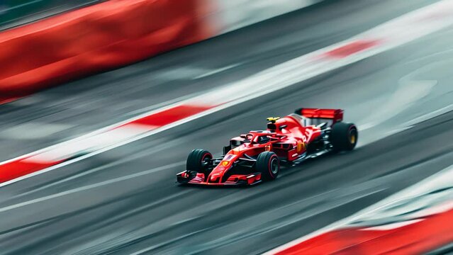 A red race car is speeding down a track. The car is in motion and he is going fast