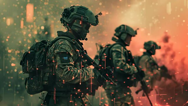 A group of soldiers are standing in a field with a lot of red and orange sparks around them