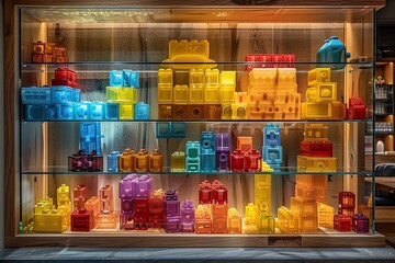 Transparent display case with colorful building blocks inside, on a wooden shelf.