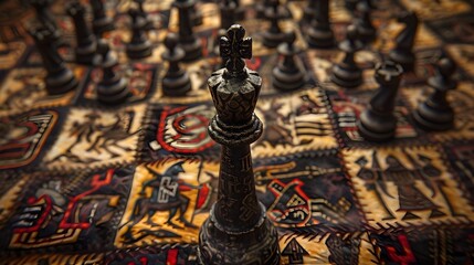 Resolute Chess King Crafted from Ancient Runes Stands Amidst Pawns on Vibrant Mythical Battle Tapestry Capturing Strategic Dominance Generative ai - obrazy, fototapety, plakaty