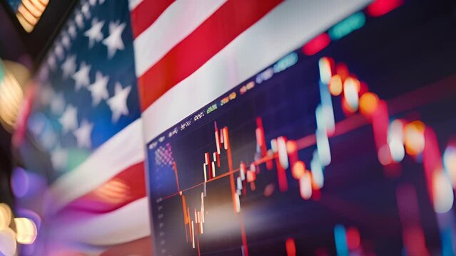 A stock market graph is displayed on a screen with the American flag in the background. The stock market is currently experiencing a downturn. Scene is one of concern and uncertainty