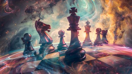 Pulsating Chess King Amidst Iridescent Pawns and Cosmic Nebula Capturing Transformation and Adaptability Generative ai - obrazy, fototapety, plakaty