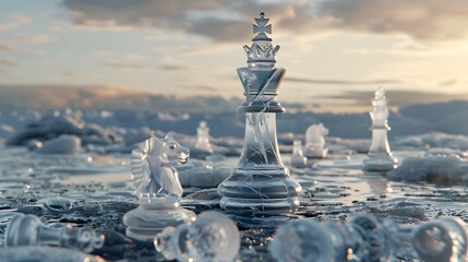 Majestic Chess King Carved from Flowing Water Stands Among Icy Pawns on Frozen Lake Conveying Tranquility and Strategic Clarity Generative ai - obrazy, fototapety, plakaty