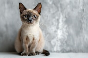 Siamese cat sitting on the floor with gray wall background