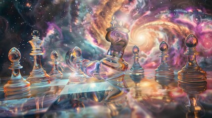 Pulsating Chess King Surrounded by Iridescent Pawns in Cosmic Nebula Embodying Transformation and Adaptability Generative ai - obrazy, fototapety, plakaty