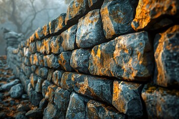Old stone wall in foggy day, closeup of photo