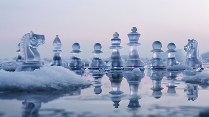 Chess King of Flowing Water Commanding Frozen Pawns on Tranquil Frozen Lake Landscape Generative ai  - obrazy, fototapety, plakaty