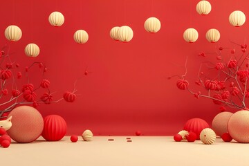  rendering of red background with chinese lanterns and flowers - obrazy, fototapety, plakaty