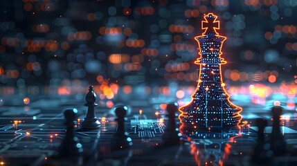 Chess King with Glowing Circuitry and Microchip Pawns Against a Binary Code Backdrop Representing the Fusion of Technology and Human Intellect Generative ai - obrazy, fototapety, plakaty